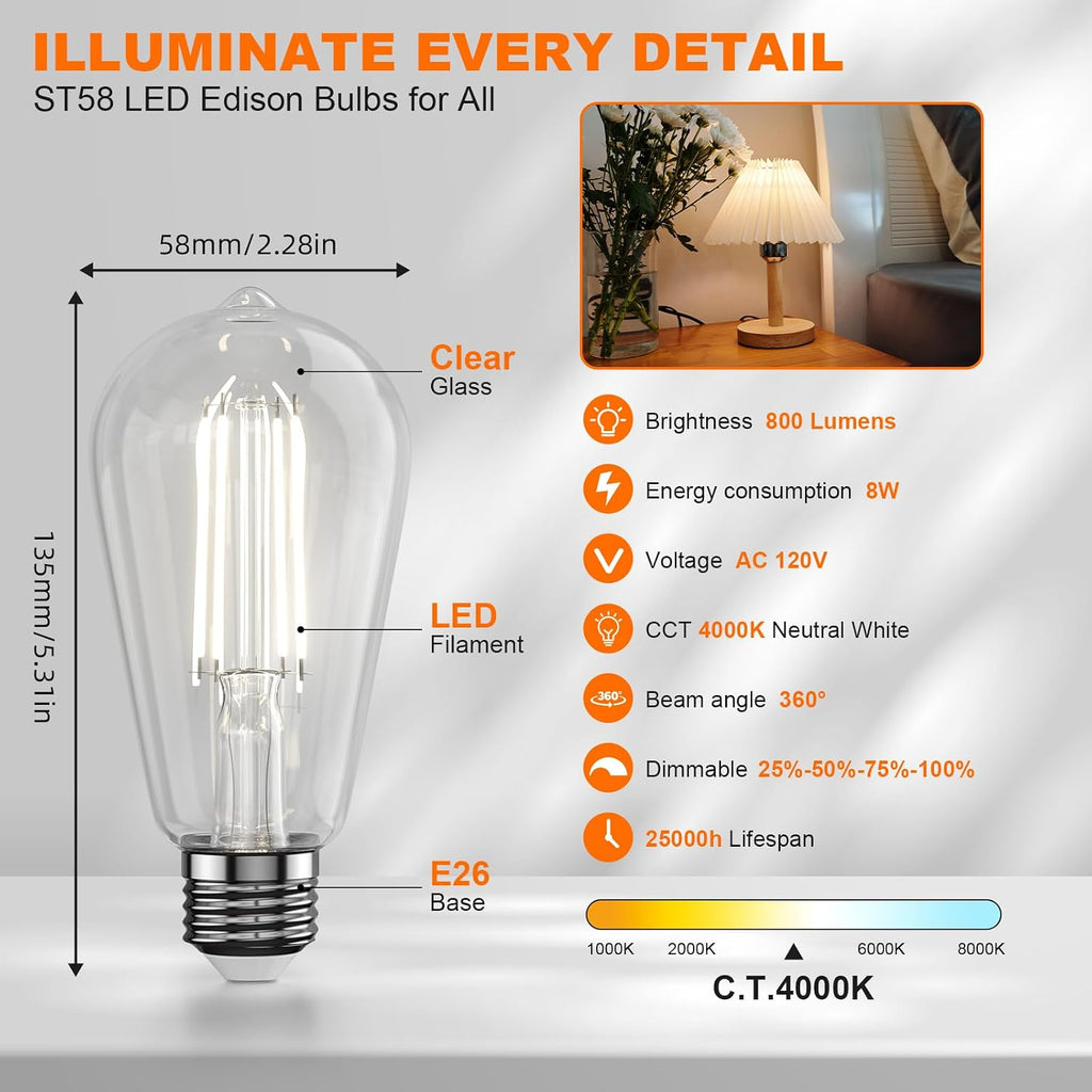 E26 LED Edison Bulbs: 8W Equivalent 80W Dimmable LED Bulbs - Vintage ST58 4000k ‎Neutral White - 800 Lumens High
