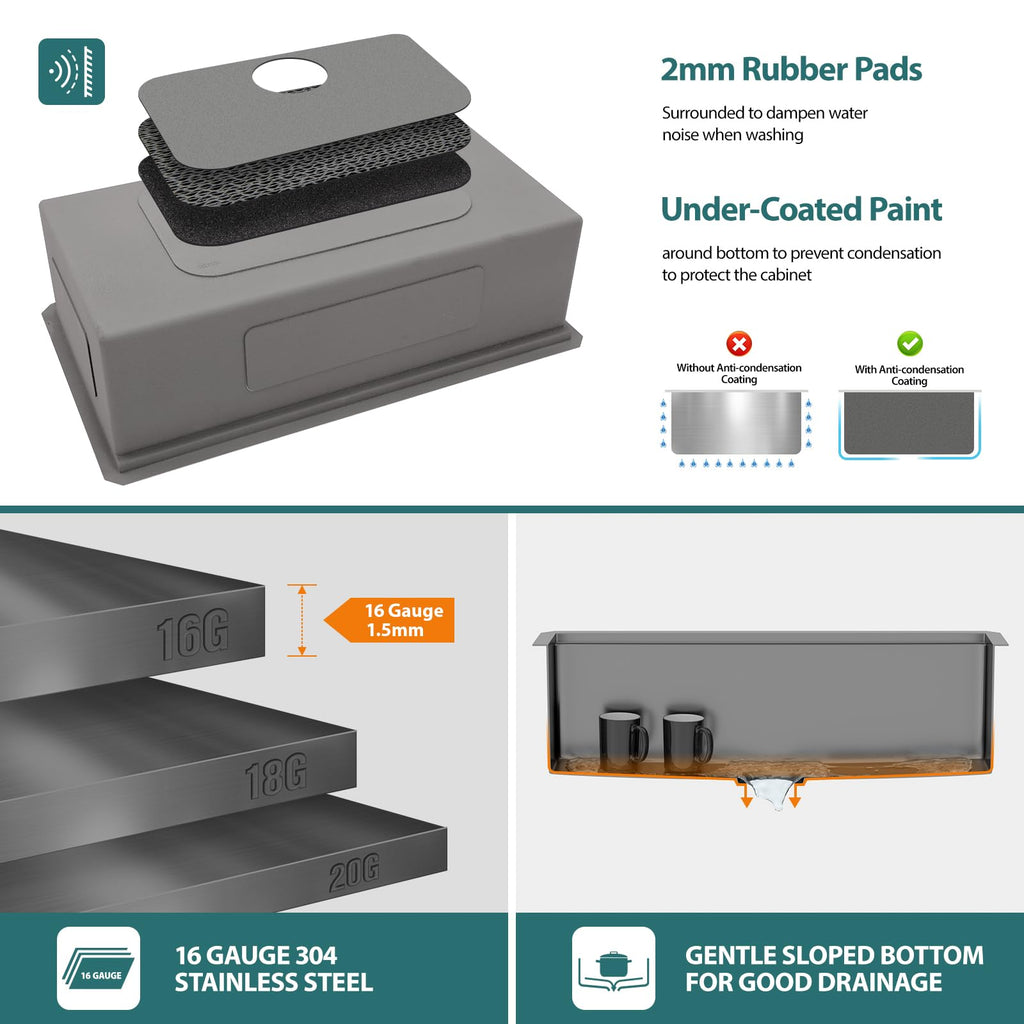 36x19 In Black Undermount Kitchen Sink Workstation Nano Coating 304 Stainless Steel 16 Gauge Handmade Under Counter