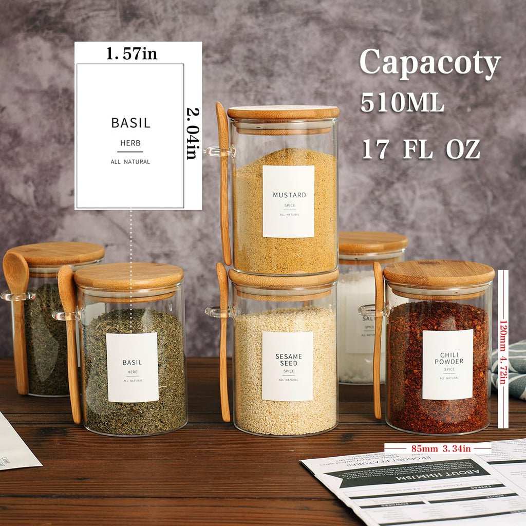 6 Pcs Glass Jar with Bamboo Lid and Spoon - 17 oz Large Sugar Container with 148 Kitchen Pantry Spice Jar Labels