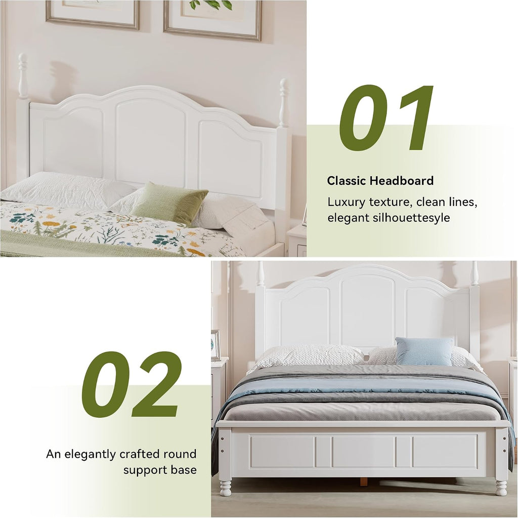 Vintage Queen Wood Bed Frame, Traditional Solid Wood Platform Bed with Retro Style Headboard, Traditional Town Style