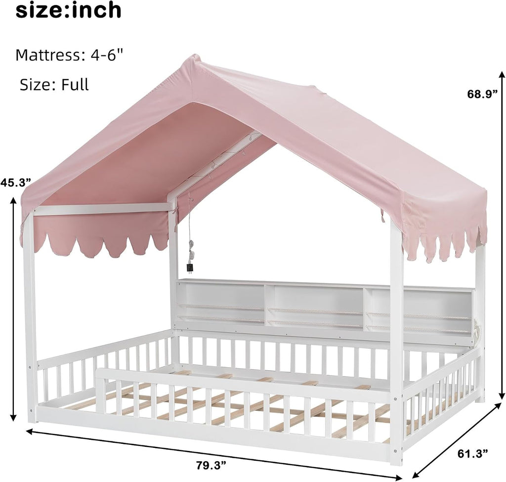 Montessori Floor Bed for Kids Toddler, House Shaped Kids Bed Frame with Safety Guardrail, Curtain &