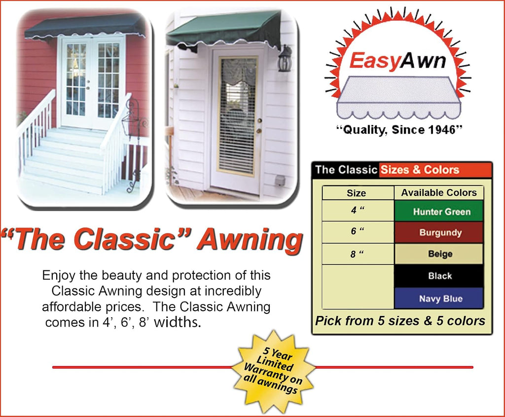 Door and Window Sunbrella Canvas Awning / 5 Colors and 3 Sizes/Classic Awning (Black 4 feet Wide)