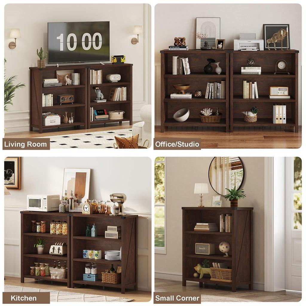 Small 3 Tier Bookshelf, Short Wood Bookcase, Brown Cherry, 36"