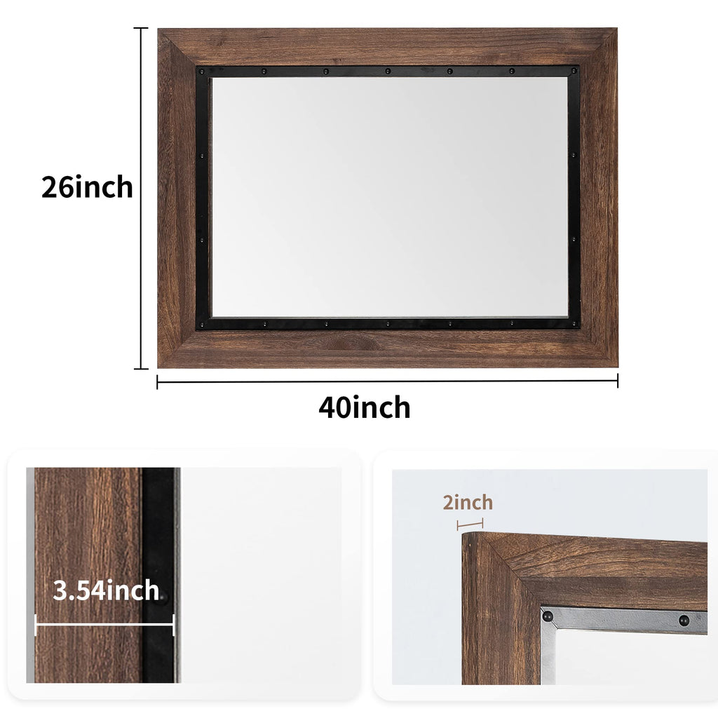 Rustic Wooden Framed Wall Mirror, 40"x26", Natural Wood and Iron Bathroom Vanity Mirror for Farmhouse Decor, Vertical