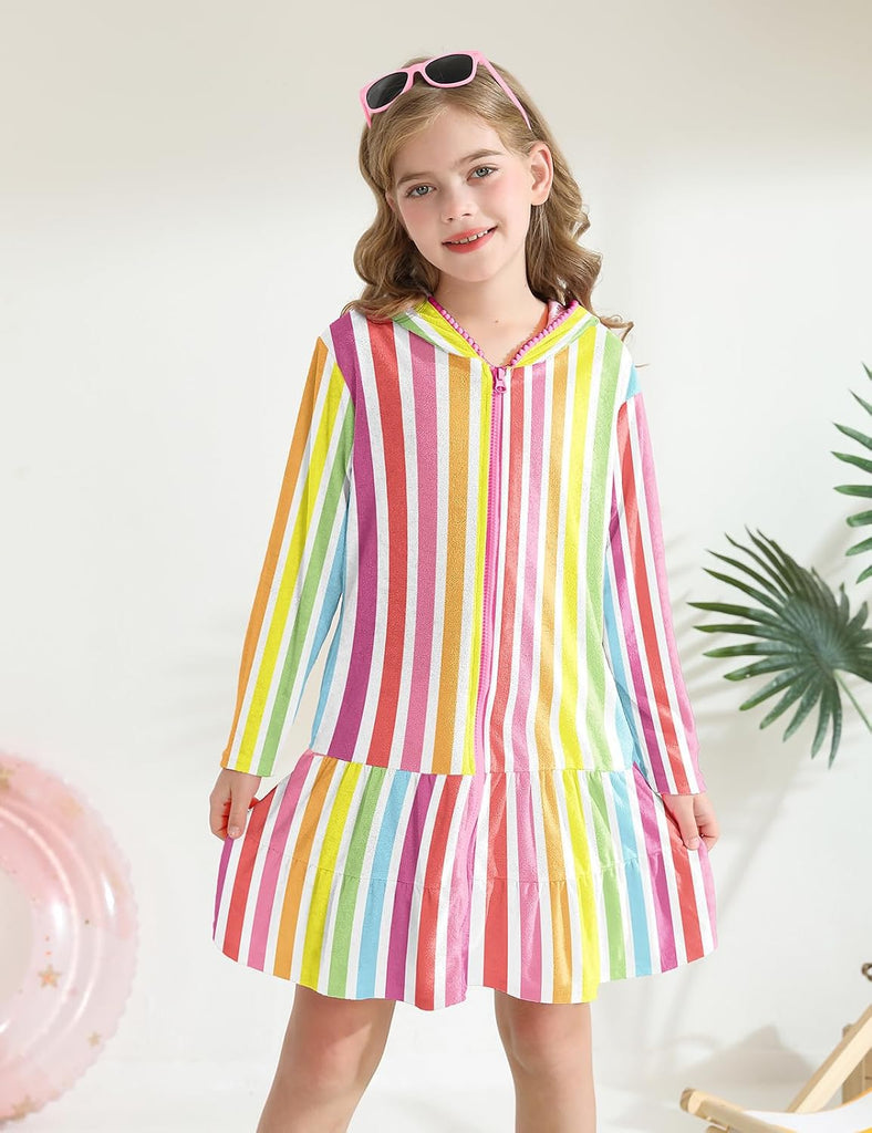 Girls Swim Cover Up Kids Long Sleeve Swimsuit Coverup Terry Beach Pool Clothes with Sunglasses