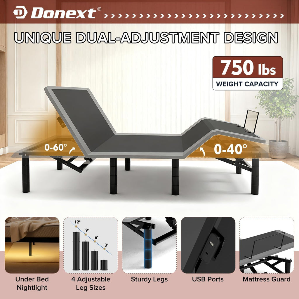 Queen Adjustable Bed Frame,4 Ports USB A&C Adjustable Bed Base with Under-Bed Nightlight, Ergonomic Electric Bed Base