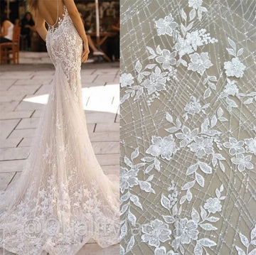 51" Wide Ivory White Net Tulle Mesh Flower Wedding Lace Fabric Bridal Luxury Embroidery Lace Fabrics for DIY Wedding