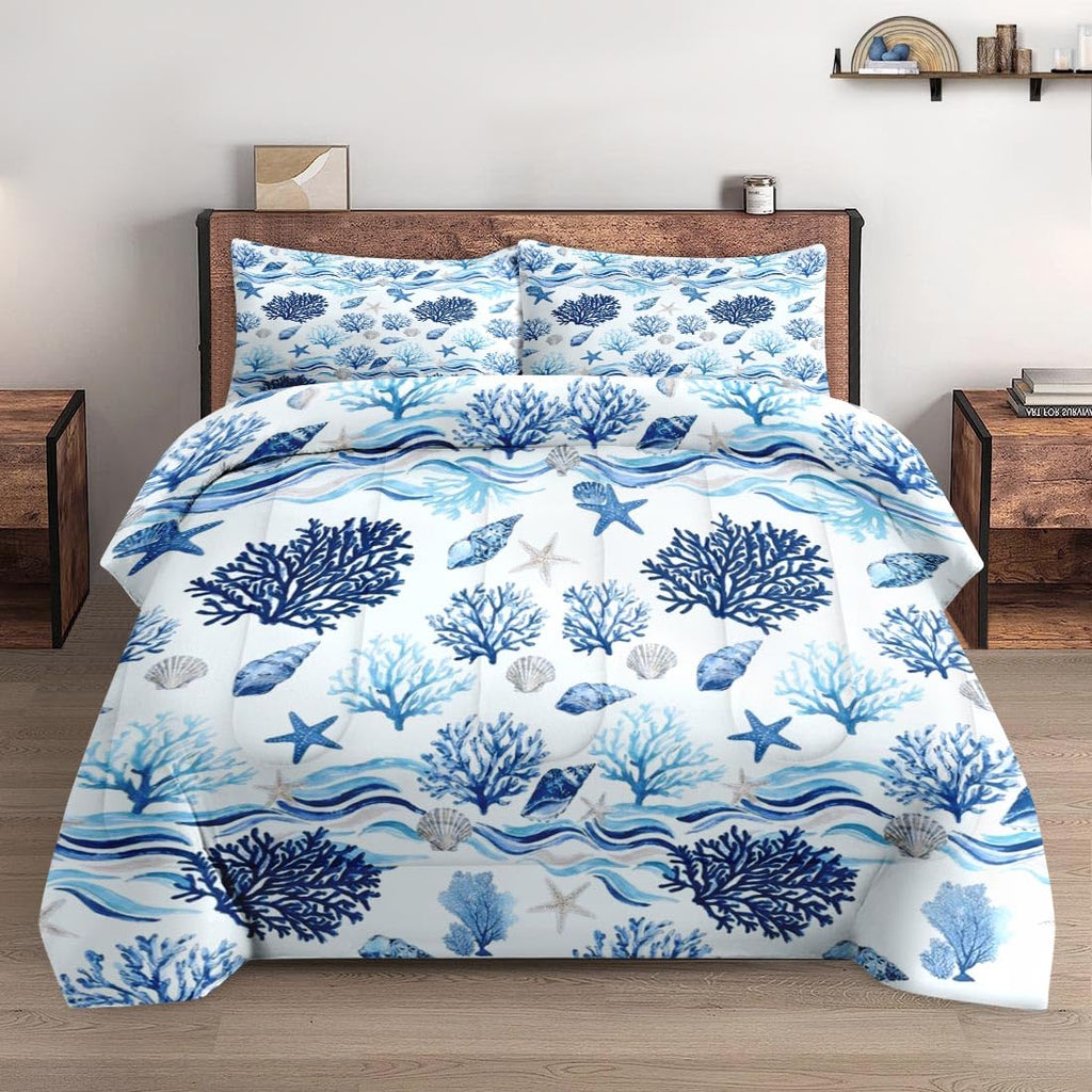 Comforter Set, 3 Pieces Coastal Ocean Bedding, All Season