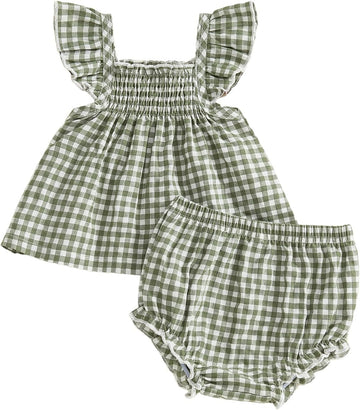Baby Girl Outfit Fly Sleeve Ruffle Tops Plaid Bloomers Infant Summer 2PCS Clothes Set 3 6 12 18