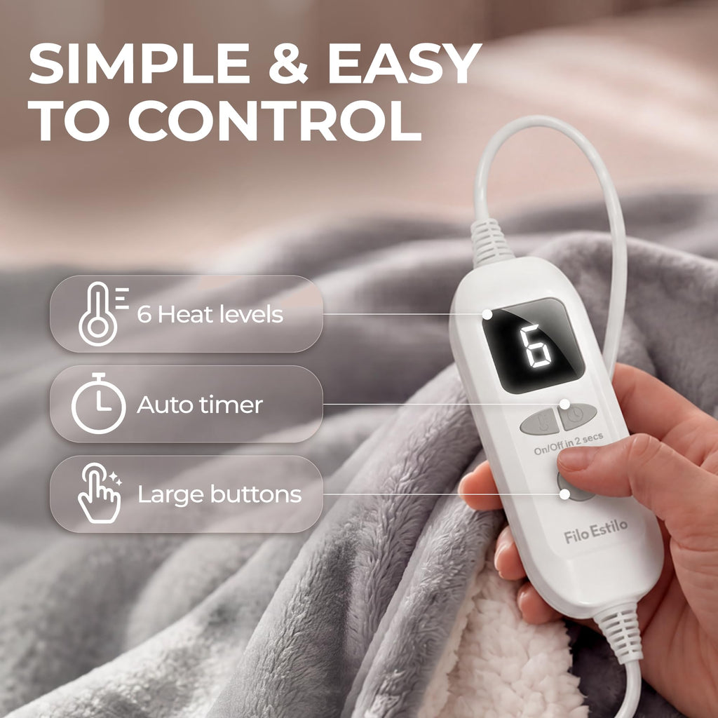 Electric Heated Throw Blanket 50"x60", 8ft Cord, 6 Heat Levels