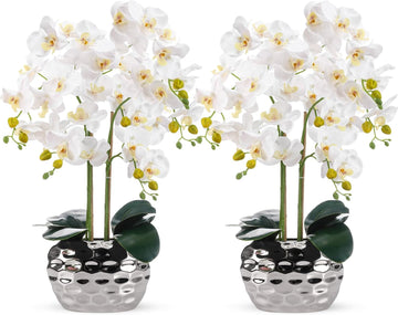 2 Pack Extra Large Orchids Artificial Flowers 24" White Faux Phalaenopsis with Ceramic Pot, Real to Touch Faux Silk