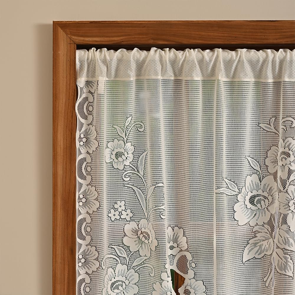 Beige Sheer Lace Valance Window, Half Curtain Tie Up Valance Home Deco, Rod Pocket, 59 x 39 Inch, 2 Pack