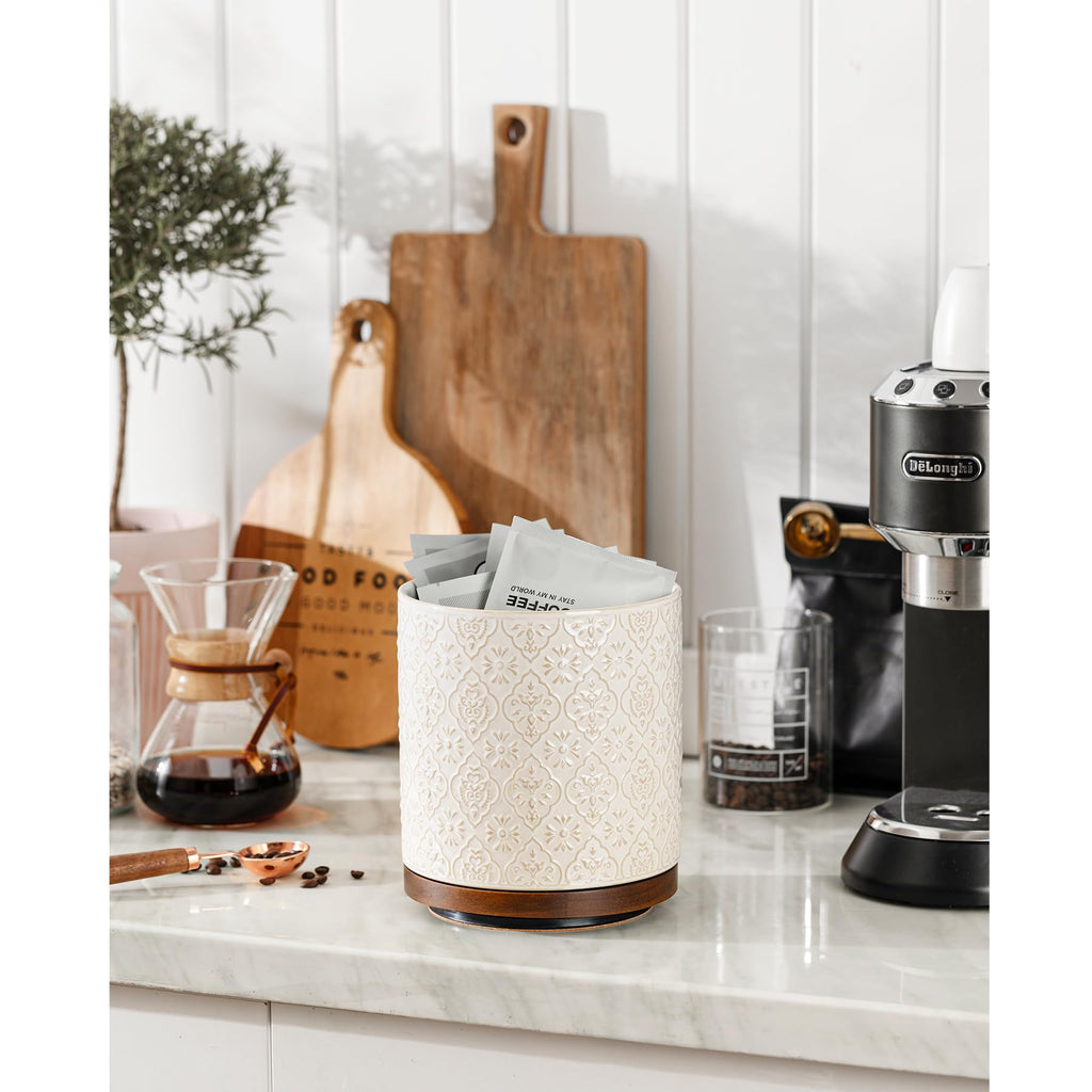 Kitchen Utensil Holder, 360° Rotating Extra Large Ceramic Utensil Holder with Embossed Pattern, 7.3" Cooking Utensil