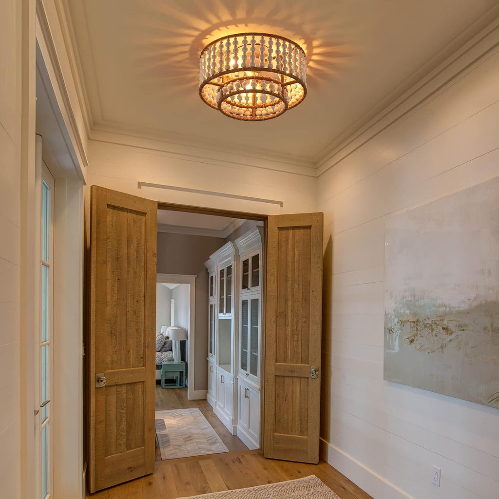Boho Flush Mount Light Fixture Farmhouse, Light Rustic Hallway Lights, Small White Bead Chandelier Entryway Laundry