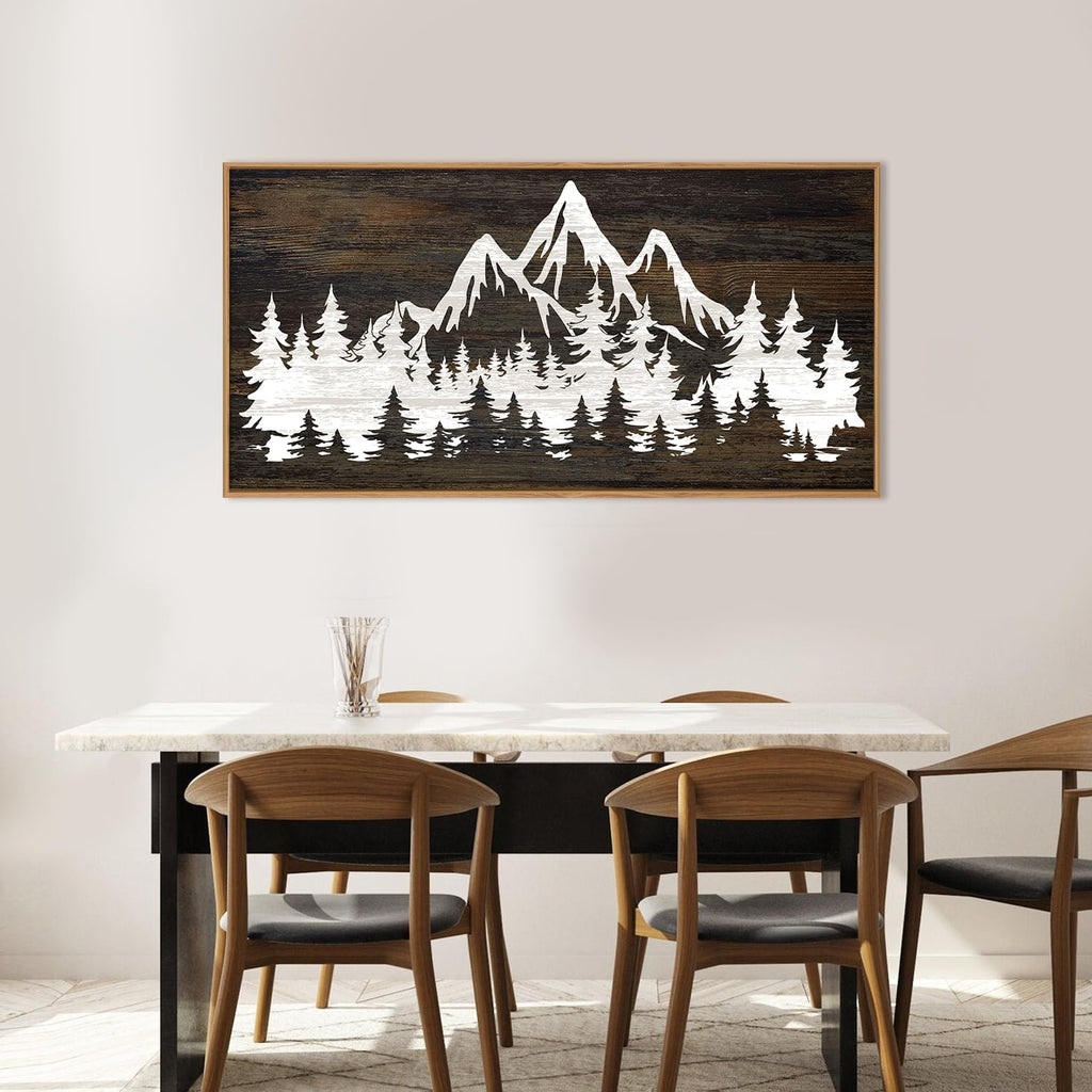 Large Mountain Tree Framed Canvas Wall Art, Modern White Forest Art Prints, Abstract Country Woodcut Wood Wall