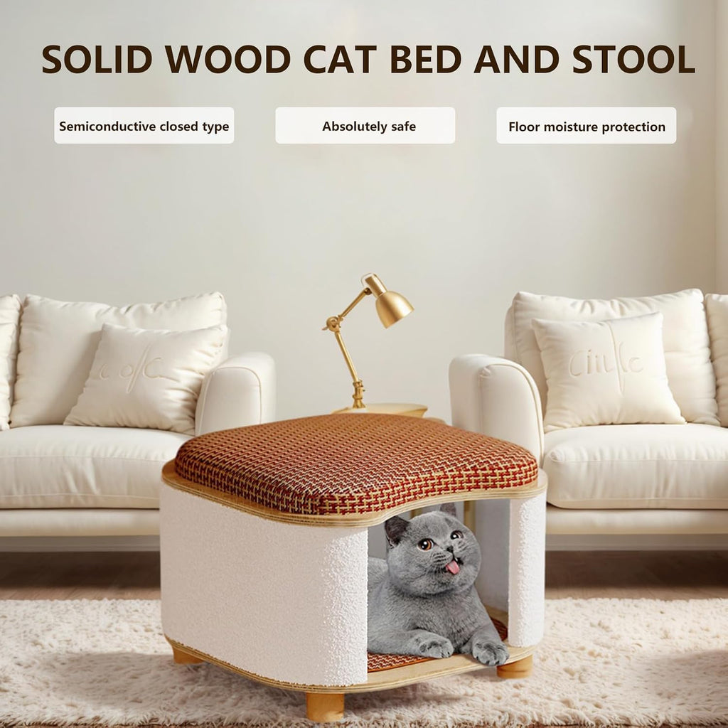 Multi-Functional Wooden Cat Cabinet, Cat Bed with Scratch Pad & Rattan Cushion, Hidden Cat Cave & Ottoman Stool