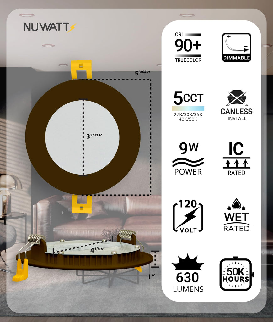4 Inch LED Bronze Recessed Lighting 5CCT 2700K-5000K, Dimmable, 6 PK