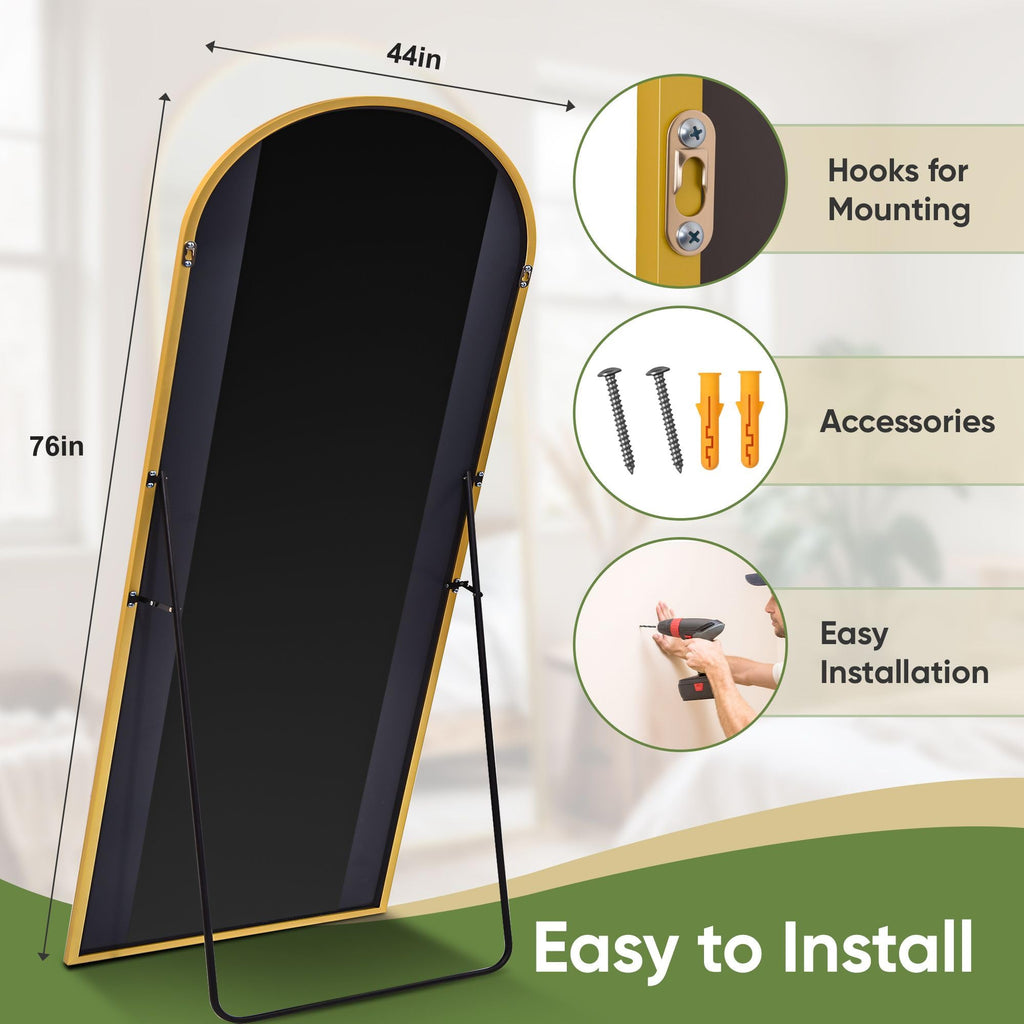 Full Length Mirror, 76"x44" Arched Standing Full Body Mirror, Gold
