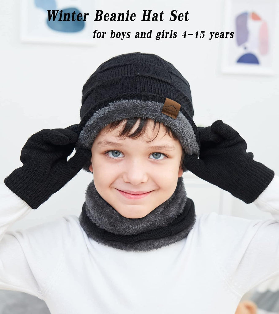 Kids Winter Beanie Hat Scarf Touchscreen Gloves Set for Boys Girls Warm Skull Cap Fleece Lined Knitted Hat