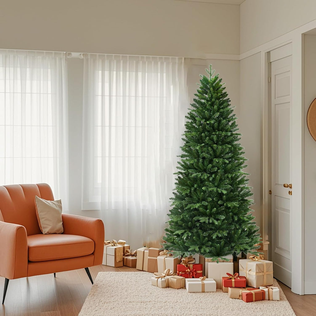 7.5ft Skinny Christmas Tree for Small Spaces, Unlit Slim Artificial Xmas Tree with Real Touch PE/PVC Needles, Easy