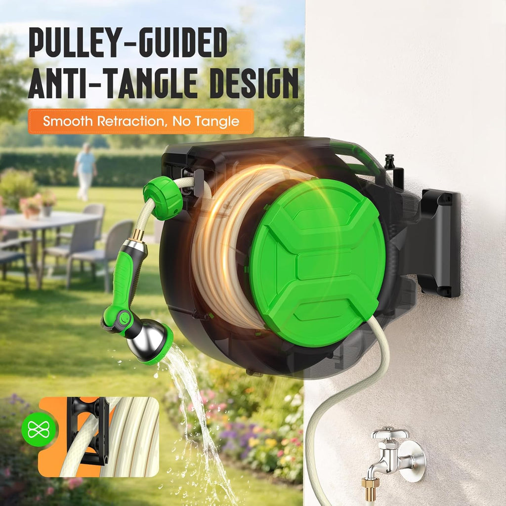 Retractable Garden Hose Reel 1/2" x 100ft, Wall Mounted Water Hose Reel with Auto Rewind, Any Length Lock, 180°