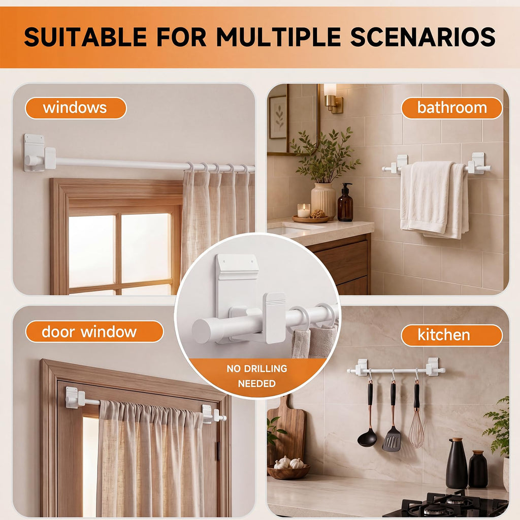 No Drill Curtain Rods for Windows 30 to 45 Inches, Upgrade Dual Support: Adhesive & Invisible Nail 5/8 Inch Curtain