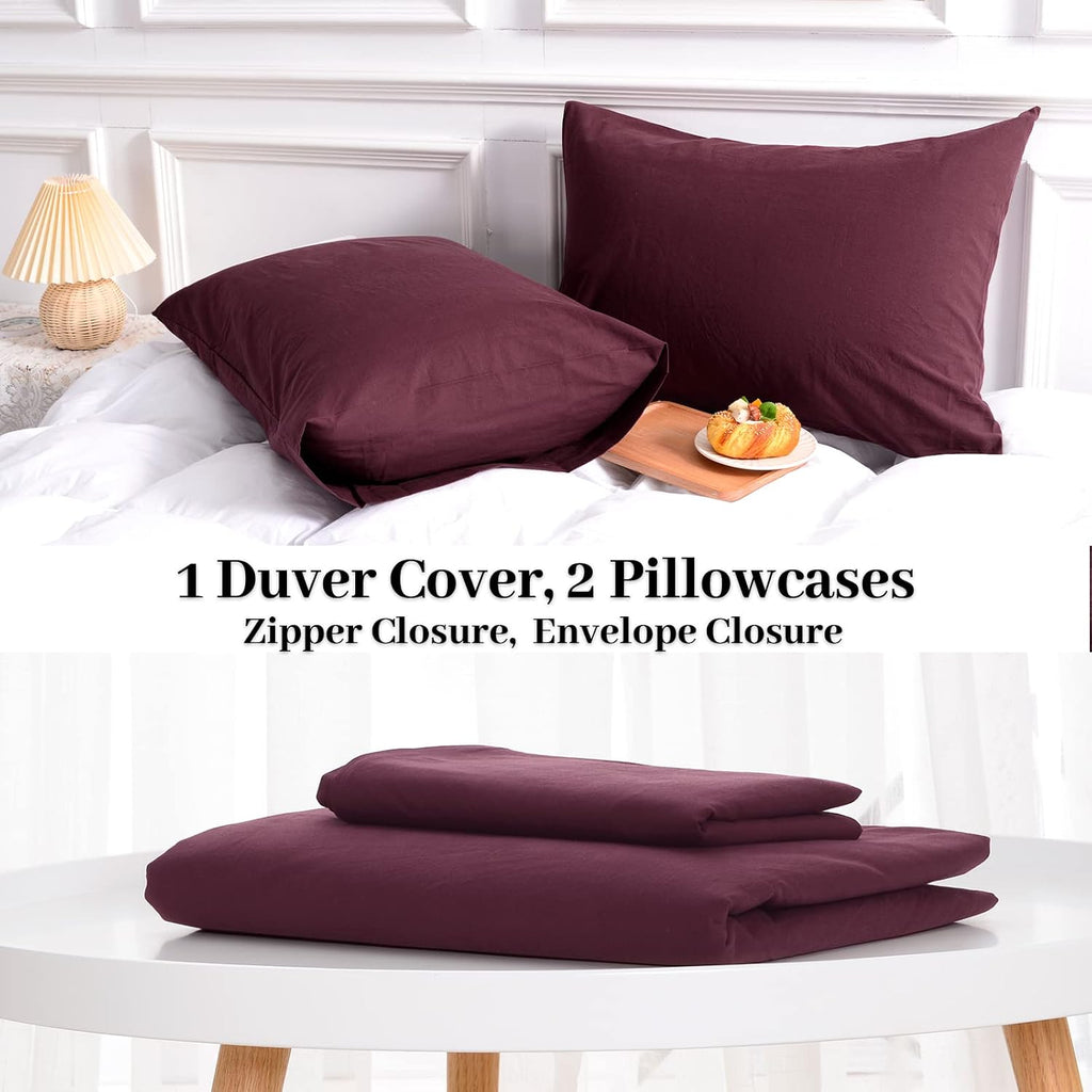 Duvet Cover Set Queen Linen Look Textured 100% Washed Cotton Duvet Cover Burgundy Dark Red 3 Pieces Bedding Set with