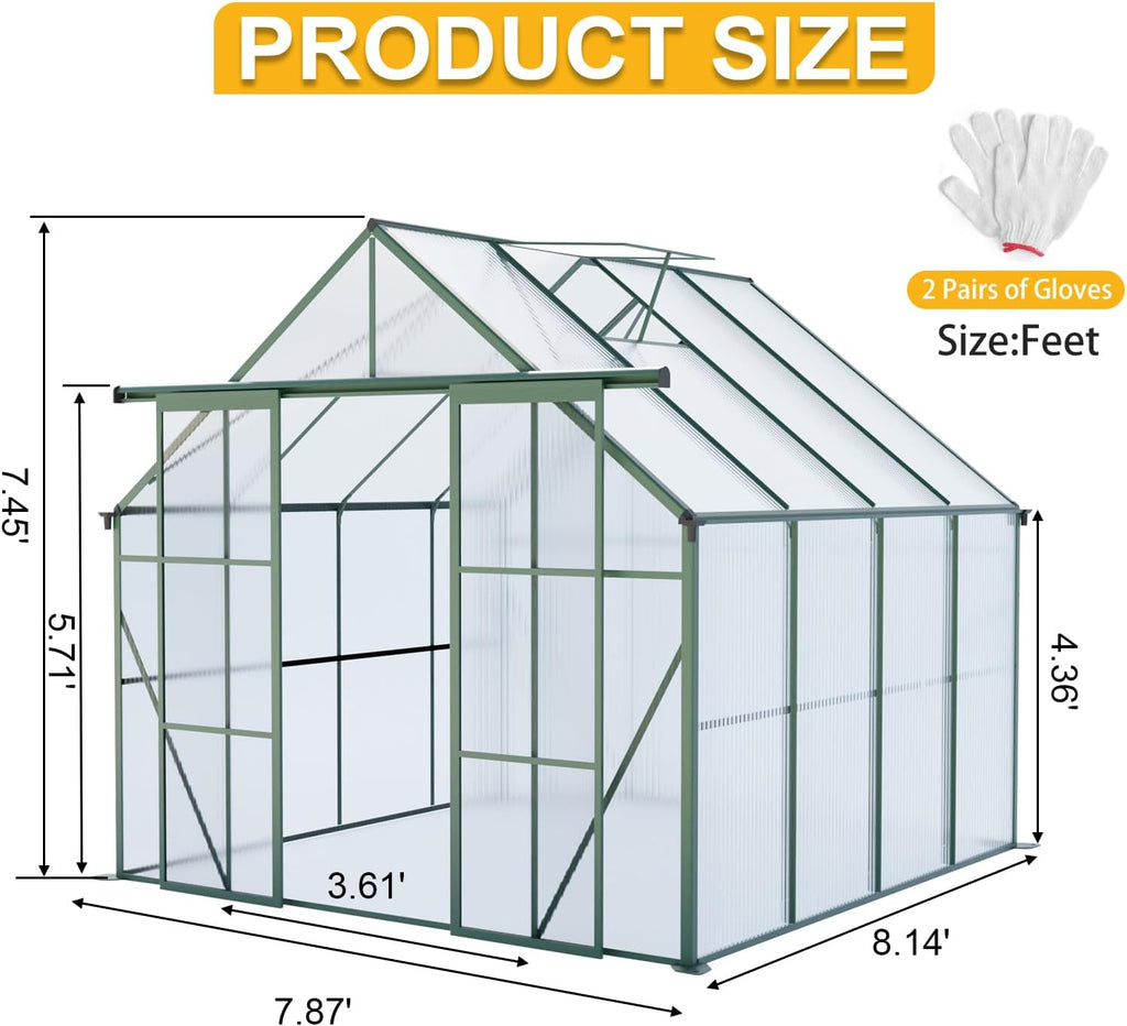 8x8 FT Green Outdoor Walk-in Polycarbonate Greenhouse Dual Sliding Doors Adjustable Roof Vent Aluminum Frame