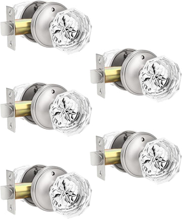 5 Pack Privacy Door Knobs, Clear Glass Door Handles with Satin Nickel Finish, Crystal Interior Door Handles for