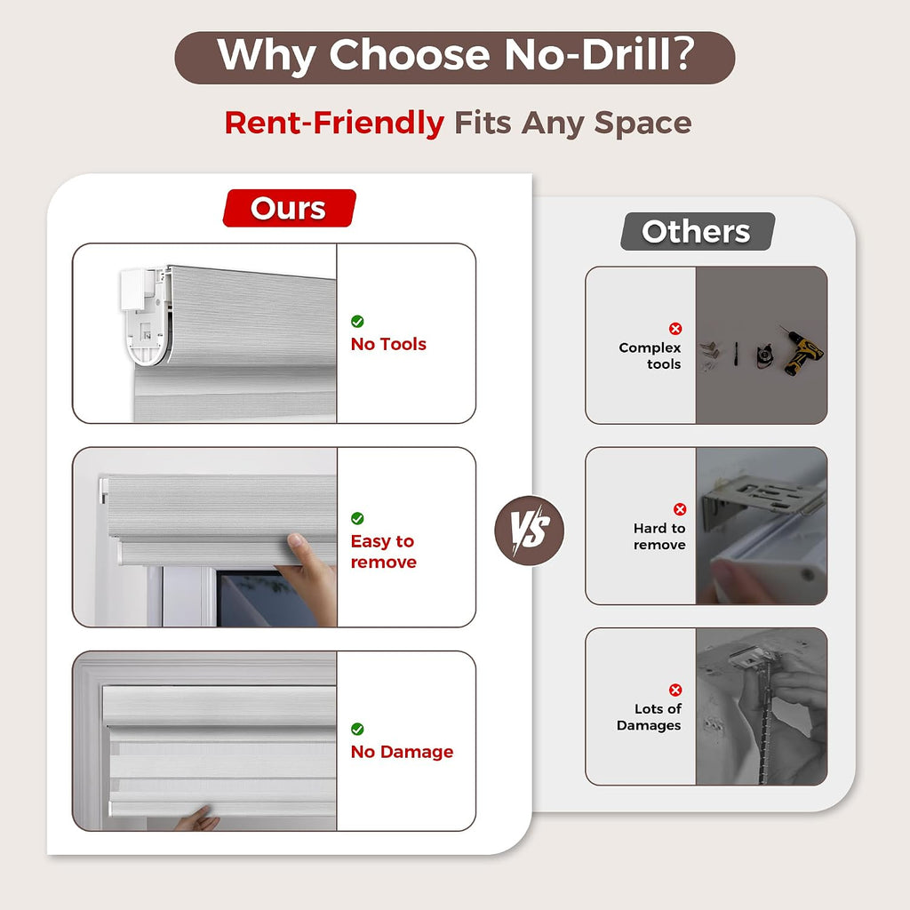No Drill No Tools Cordless Zebra Blinds, Renter Friendly, Dual Layer Shades for Indoor Windows, Easy to Install