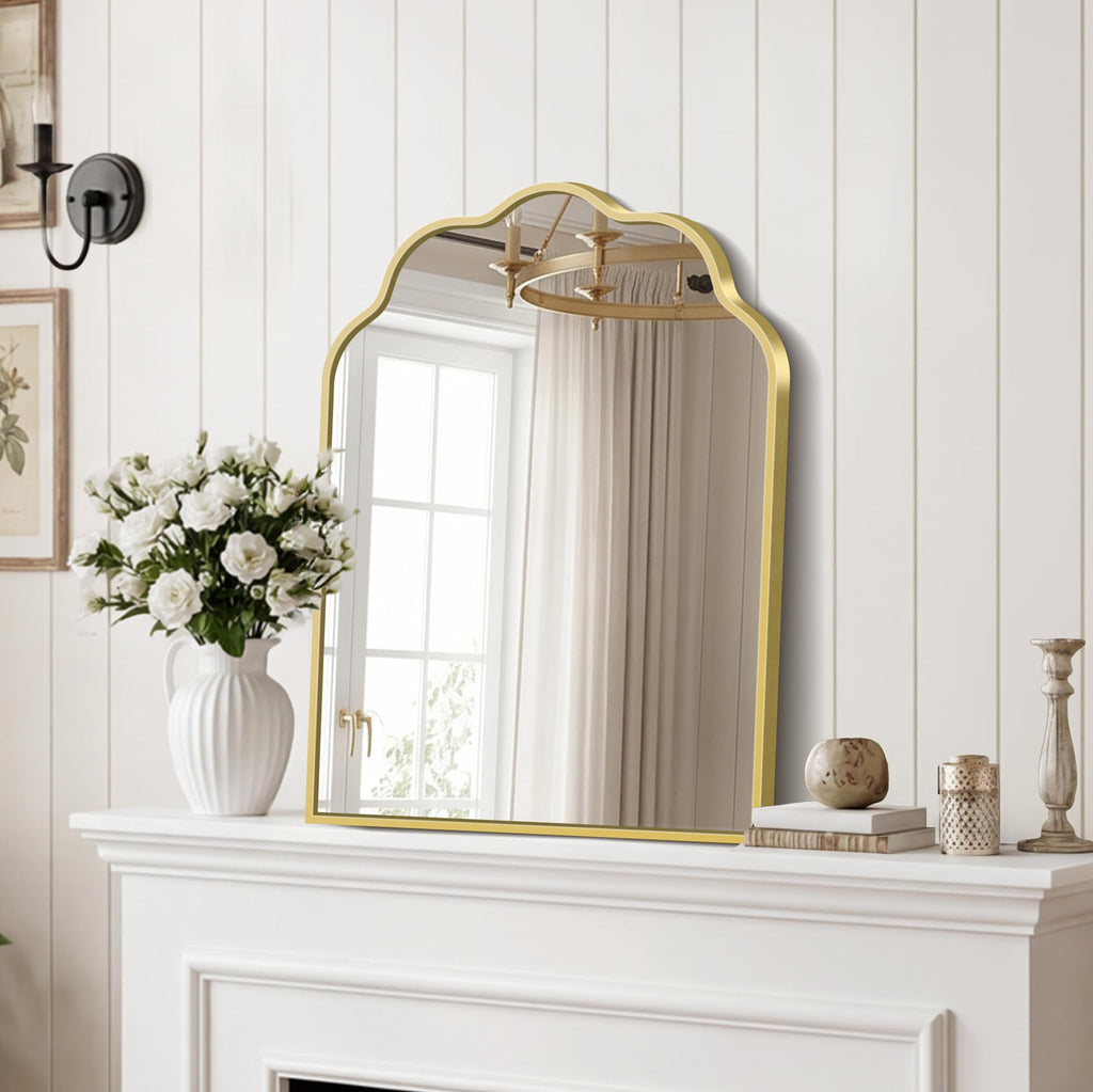 Gold Arched Mirror, 18×24Inch Scalloped Bathroom Mirror, Wavy Wall Mounted Vanity Mirror with Aluminum Alloy Frame