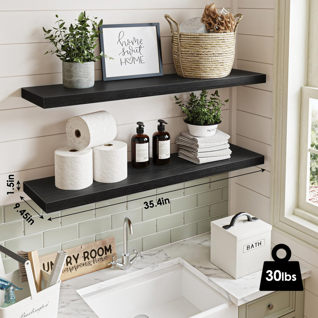 Floating Wall Shelves for Decor (Black, Set of 2, 35.4Inch)