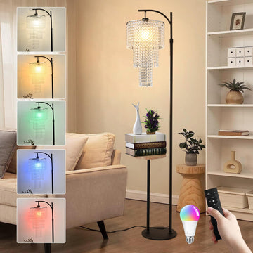 Arc Floor Lamp with Table and Shelves, Crystal Floor Lamps, Dimmable Elegant Modern LED Floor Standing Lamp with