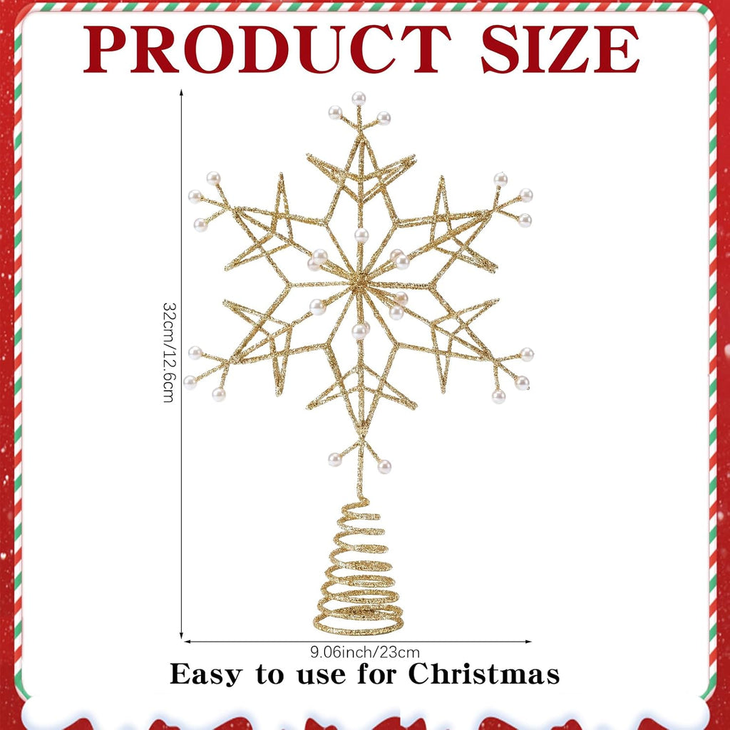 12.6 Inch Snowflake Christmas Tree Topper, Golden Glitter with Pearl