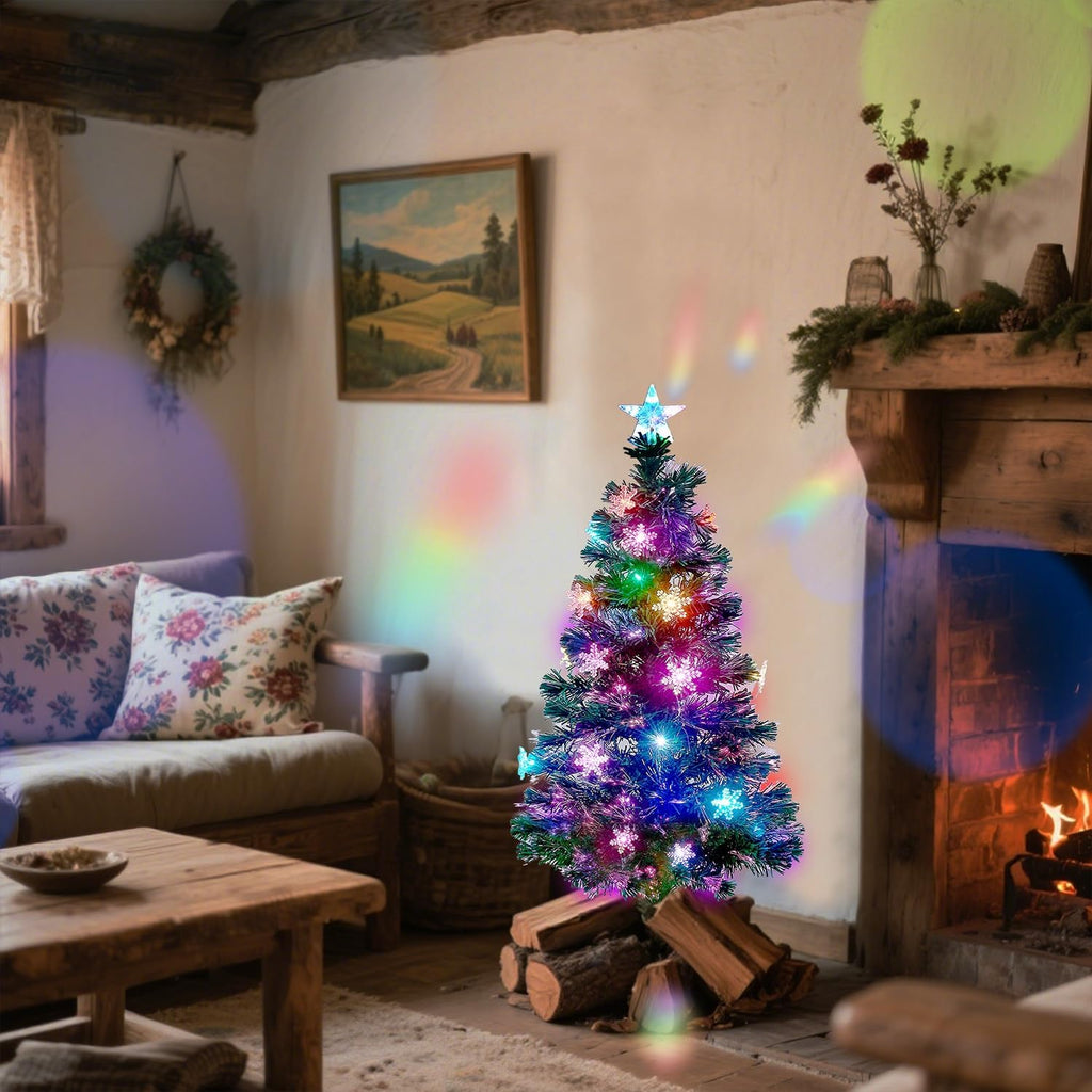 3 ft Pre-Lit Green Artificial Christmas Tree, Lighted Optical Fiber Table Mini Xmas Trees with Color Changing Lights