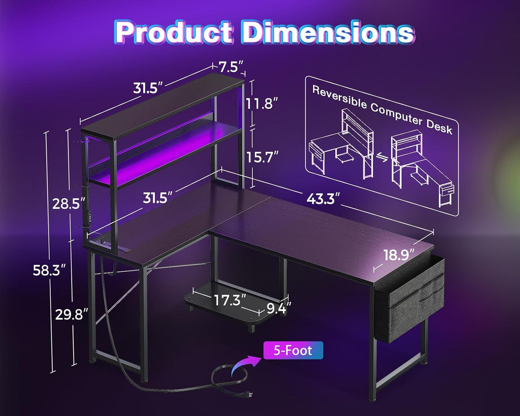 L Shaped Desk Gaming Desk with LED Light & Power Outlet | 43 Inch Black Reversible L Shaped Computer Table with
