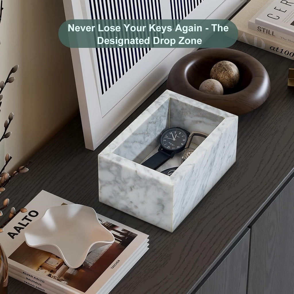 Natural Marble Storage Box with Lid, Rectangular Organizer for Jewelry