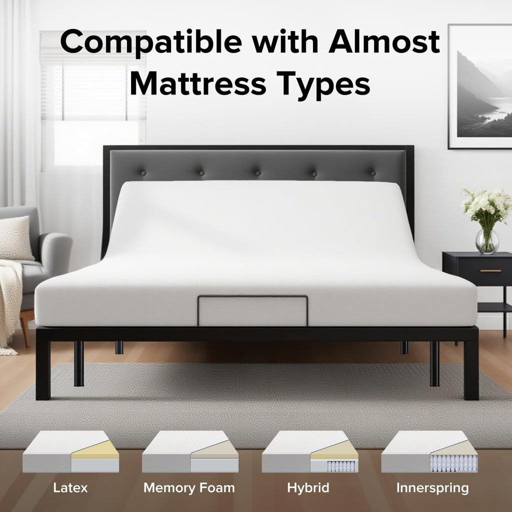 Ergonomic Queen Size Adjustable Bed Base, Metal Bed Frame Adjustable Head & Foot Incline, Zero Gravity Electric Bed