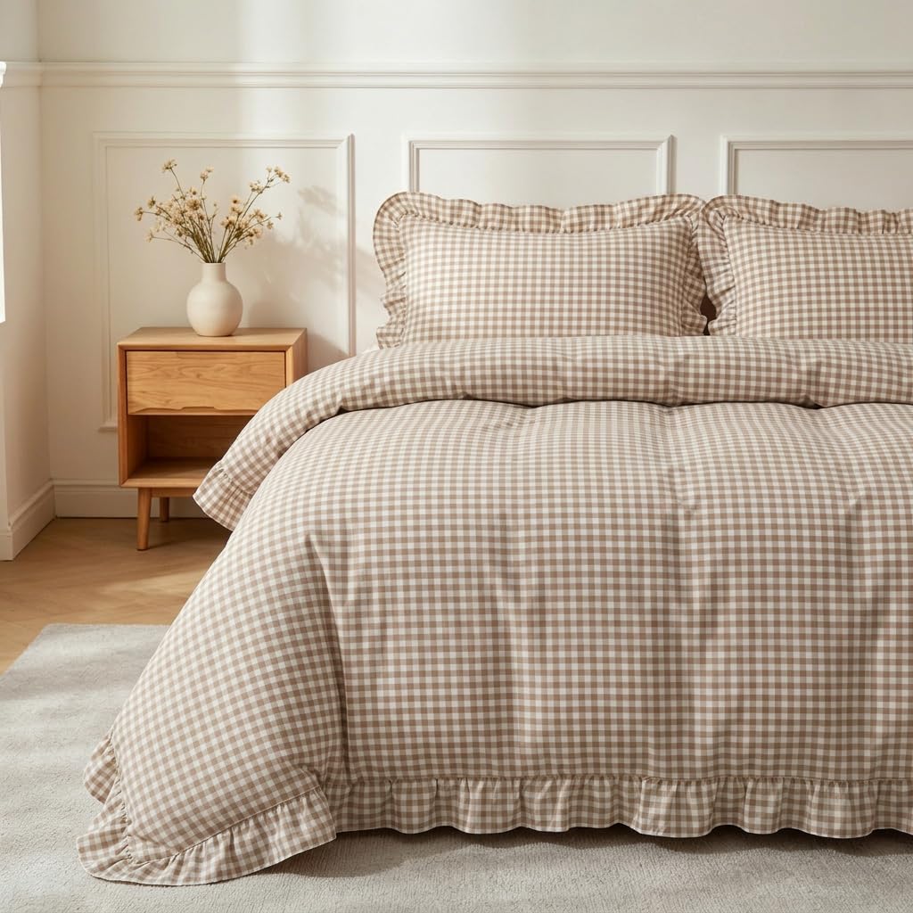 Gingham Duvet Cover Set Queen Tan Brown Ruffle Bedding Set