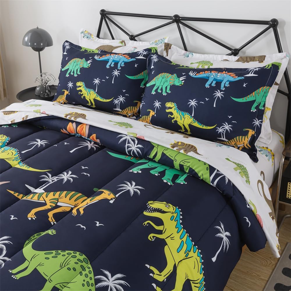 7 Pieces Dinosaur Comforter Full Kids Jungle Dinosaur Bedding Set Bed in A Bag for Boys T-Rex Dino Comforter and Sheets Set for Teens Girls Coco Animal Bed Sets Home Decor