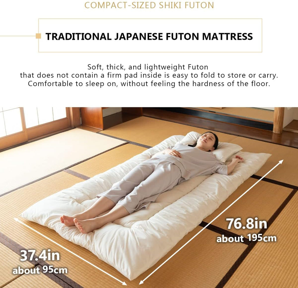 Space-Saving Japanese Futon Set (Futon Mattress, Comforter & Pillow) Compact-Twin, Made in Japan, Foldable Floor