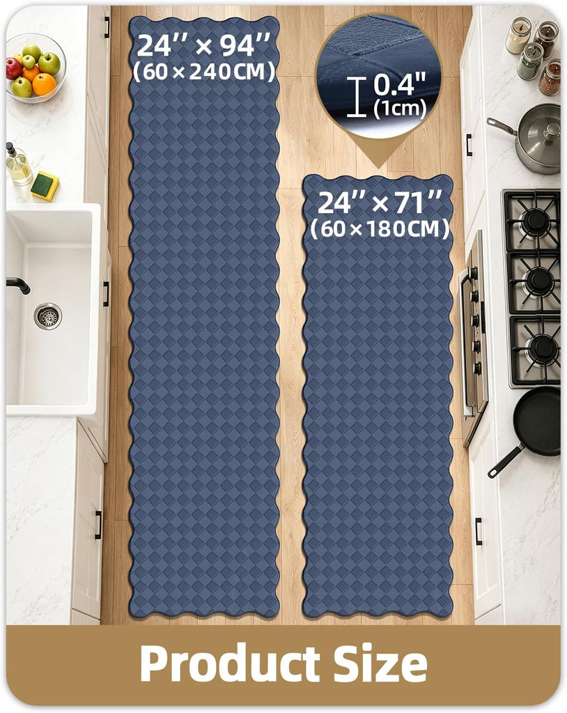 Checkered Kitchen Floor Runner with Scalloped Edges, Blue