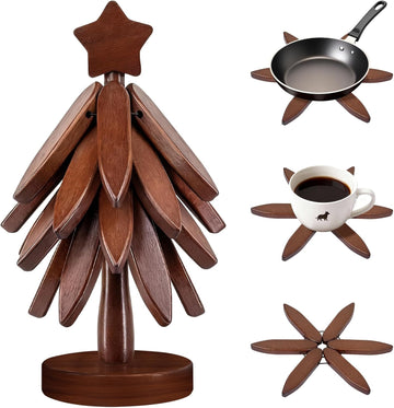 Wooden Trivets for Hot Dishes, Wooden Tree Trivet + 1 Stand - Set of 4