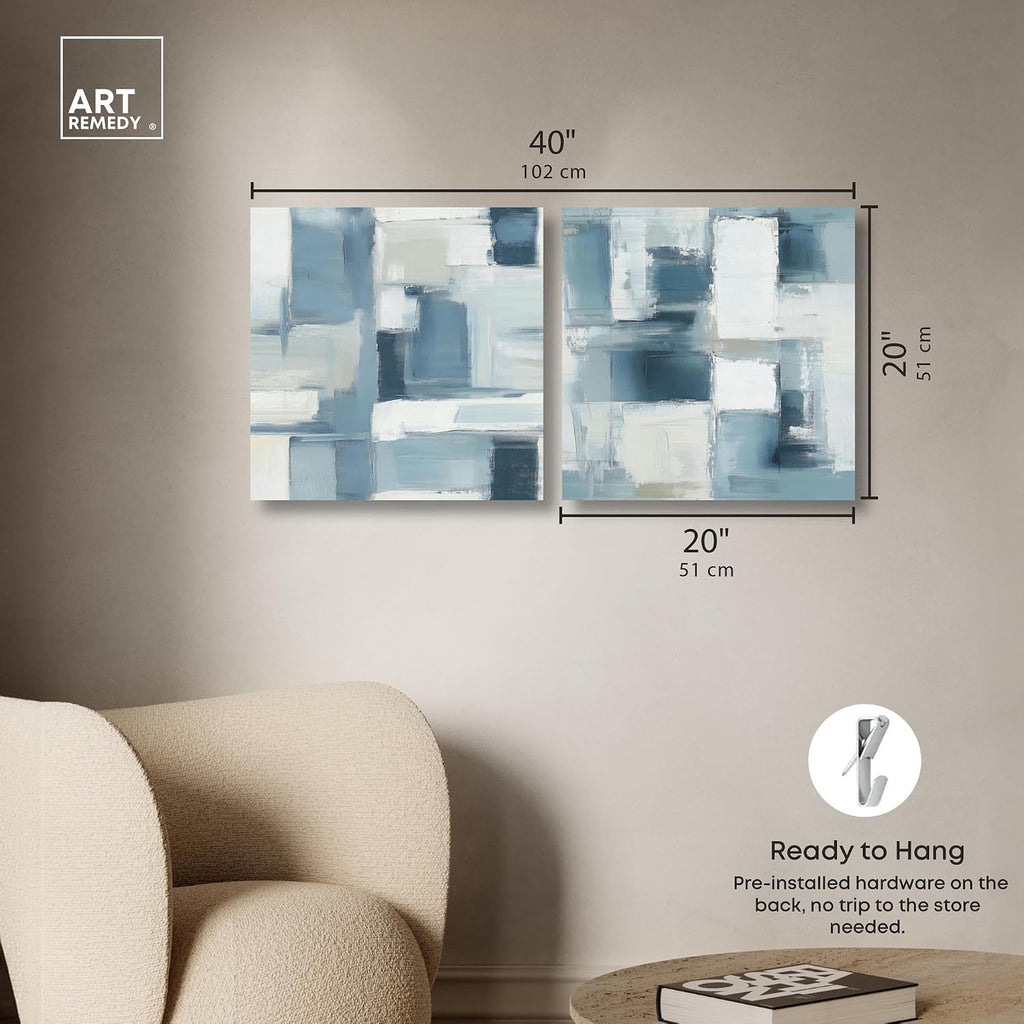 Modern Minimalist Blue Abstract Pair 2 Panel Set Canvas Print Abstract Wall Art by, Gallery Wrapped