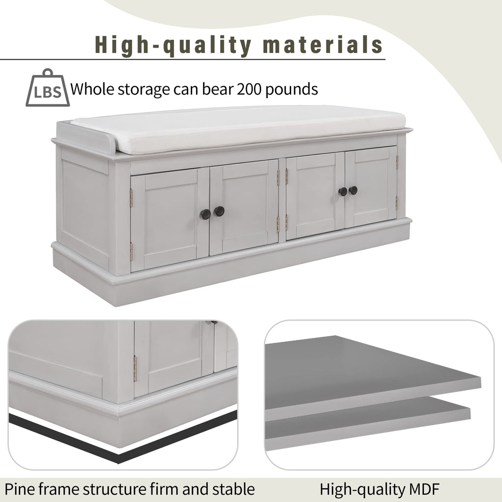 Upholstered Storage Bench with 4 Doors and Removable Cushion, Wooden Shoe Bench with Adjustable Shelves, Grey