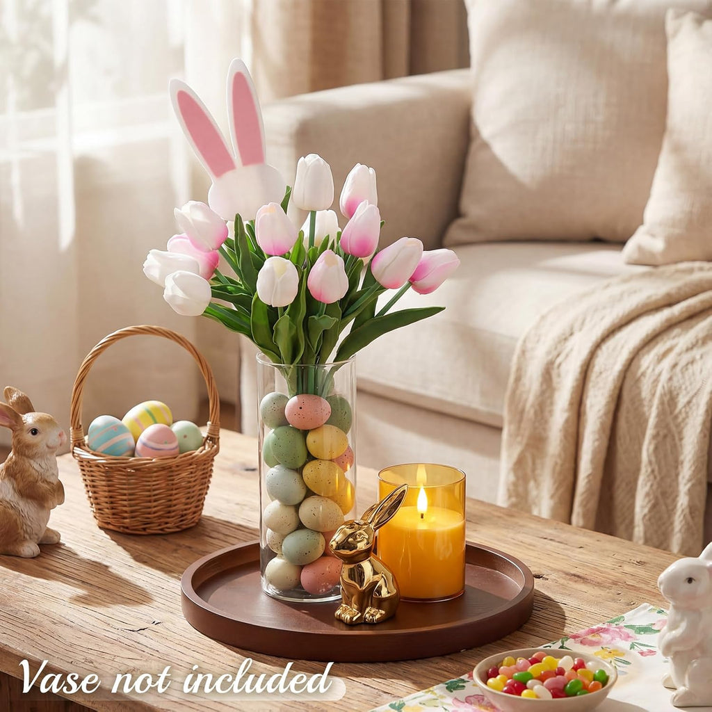 Spring Easter Centerpiece Table Decorations Pastel Eggs Artificial Tulips Bunny Statue Wooden Round Tray LED Candle - Set of 50