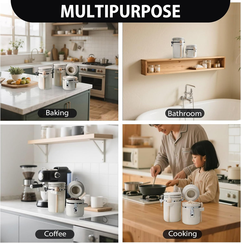 Airtight Ceramic Canister Set With Attached Wooden Spoon Reusable Chalk Labels For Dry Goods Sugar Coffee Tea - Set of 4