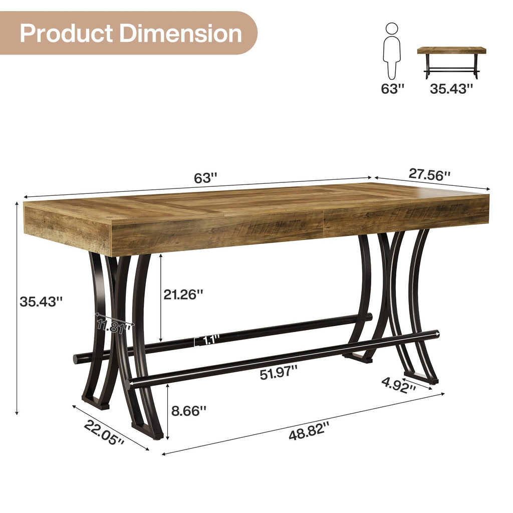 63" Counter Height Bar Table with Metal Footrest, Rectangular Tall Kitchen Dining Pub Table, Industrial Home Bar Unit