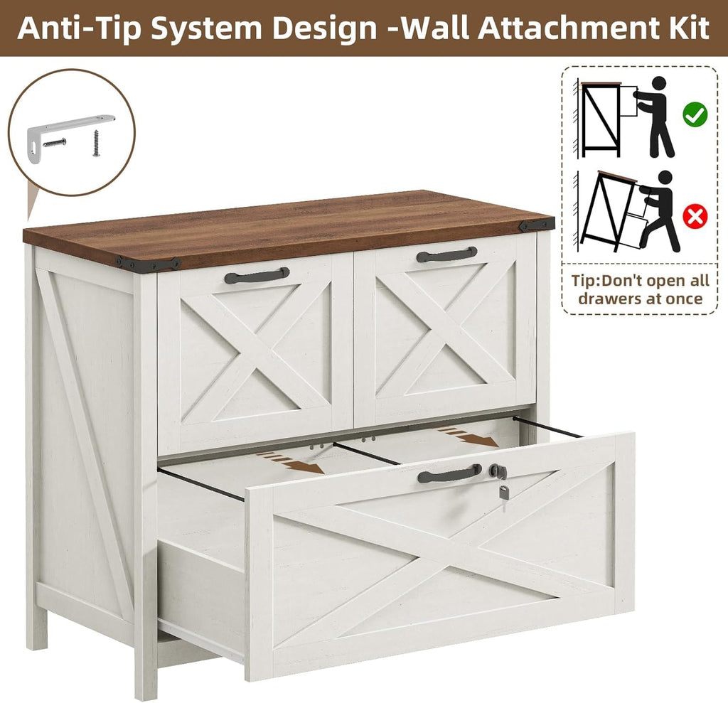 Lateral File Cabinet, Farmhouse Filing Cabinet, Rustic White | 3 Drawer File Cabinet with Lock for Letter/A4/Legal
