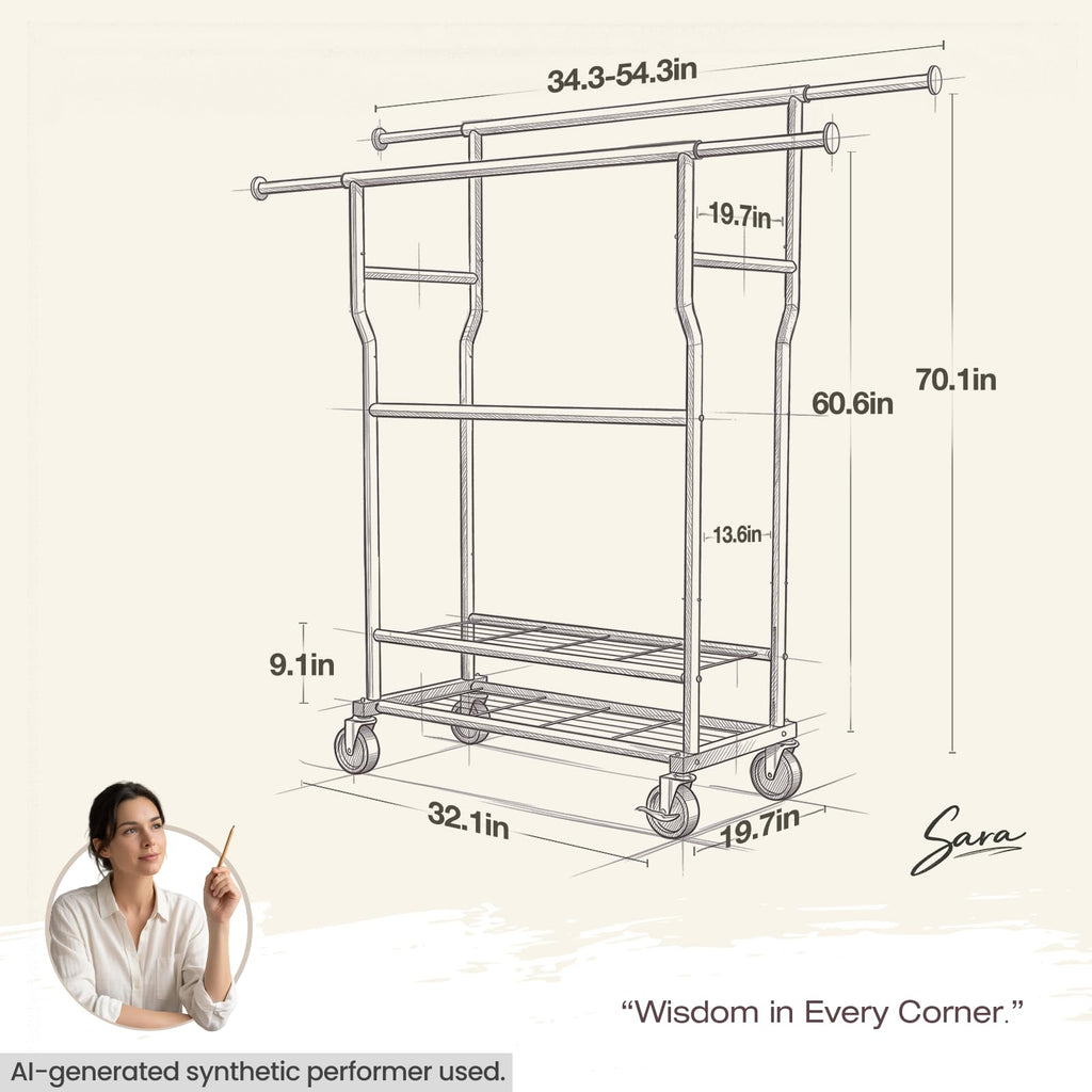 Heavy Duty Clothes Rack Load 960LBS, Adjustable Three Rods Rolling Garment Rack with Double-Layer Bottom Shelf